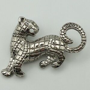 Vintage 1980s Big Cat Silver Tone Brooch Pin with Clear Rhinestone Eye